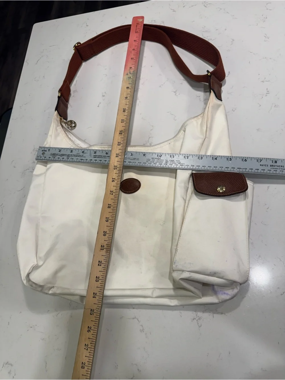 Longchamp White Shoulder Bag with Brown Strap and Trim